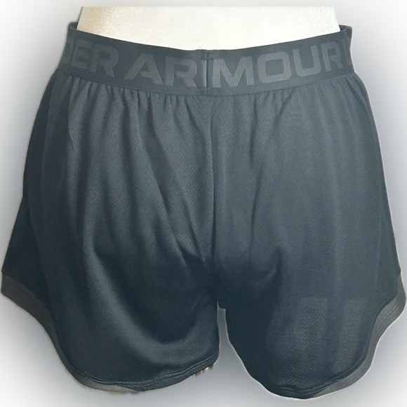Under Armour NWT SZ S black/gray trim loose athletic shorts, wide logo waistband - Picture 6 of 7